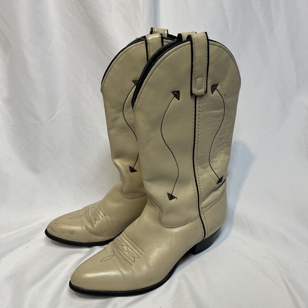 Capezio Cowboy Boots Leather Vintage 1970's Cream with Black Arrow Size 7.5